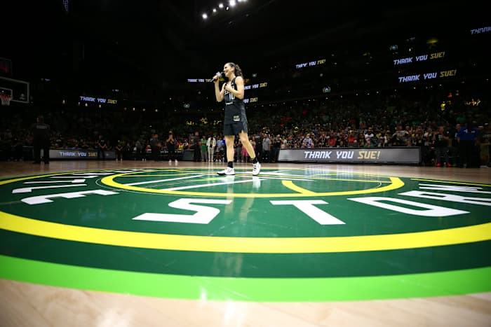 Storm guard Sue Bird speaks to the crowd at her final regular-season game in Seattle.